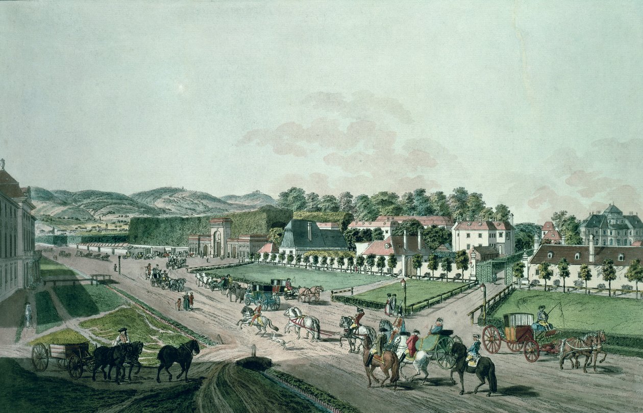 Näkymä Augartenin palatsille ja puistoon, Wien (käsinvärinen kaiverrus) tekijältä Johann Ziegler