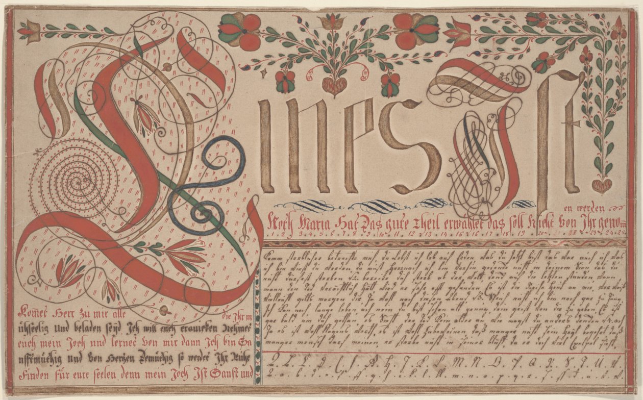 Kirjoitusharjoitus Vorschrift Esther Hadmännille, Fraktur Maalauskynä ja muste wc:llä paperille tekijältä Johann Adam Eyer
