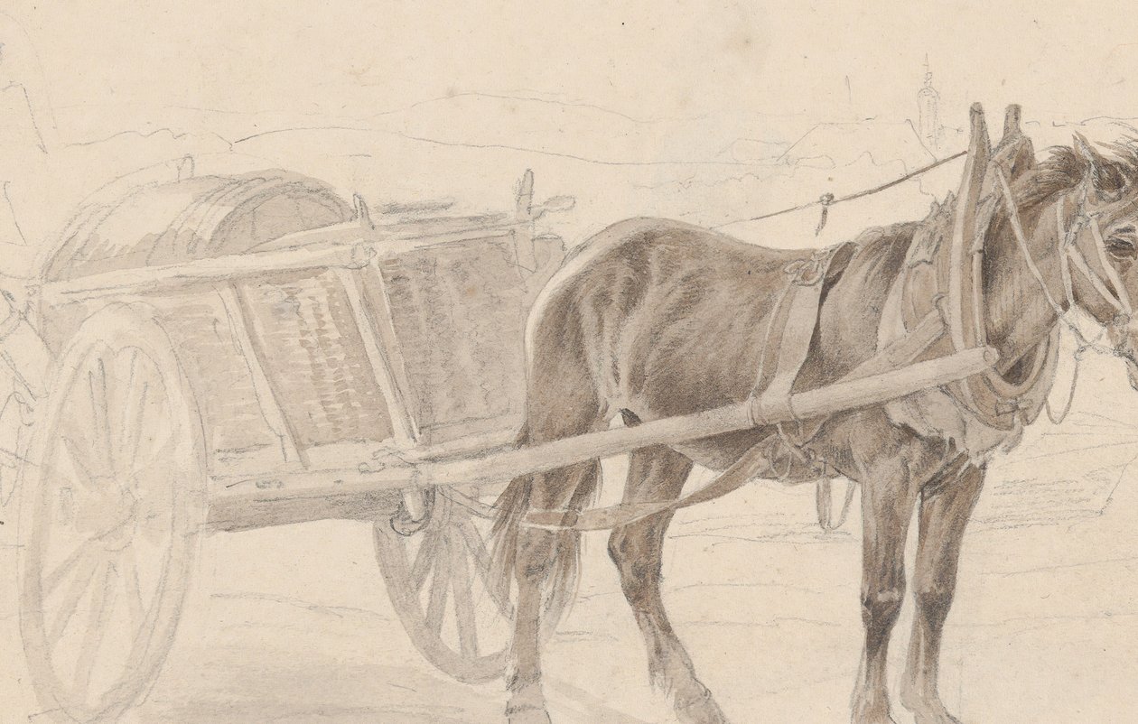 Ruskean hevosen vetämä kärry lähellä lampputankoa, Verso: ryhmä ratsastettuja upseereita, n. 1815. tekijältä Johann Adam Klein