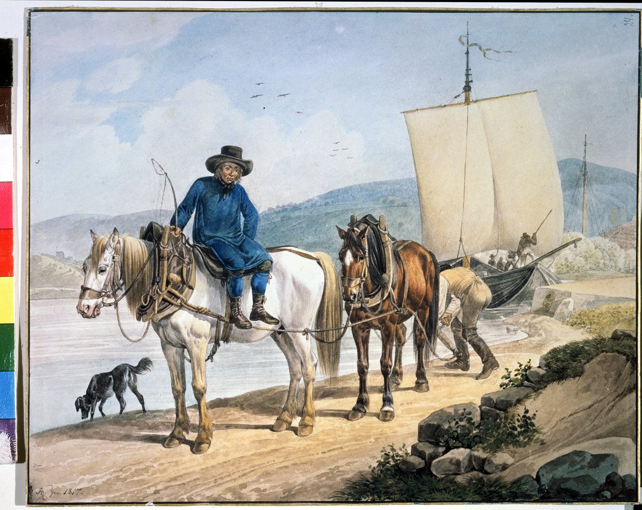 ""Hevonen ja kärryt joella"". Hevoset joen varrella, jotka hinaavat venettä tai joita käytetään tavaroiden purkamiseen hinausradalla." Johann Adam Kleinin (1792-1875) maalaus tekijältä Johann Adam Klein
