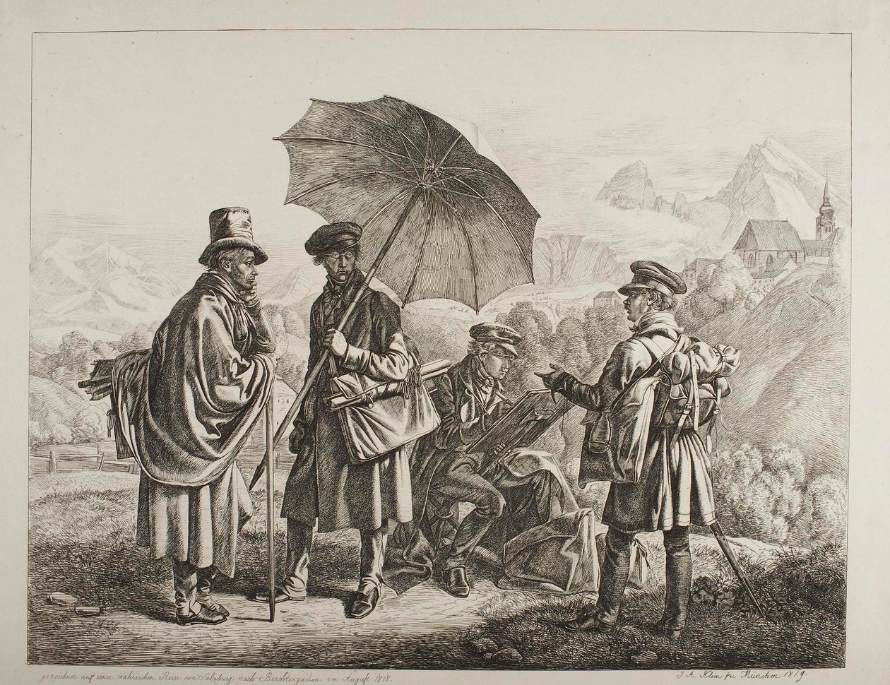 Ernst Welker, Johann Christoph Erhard sekä veljekset Heinrich ja Friedrich Philipp Reinhold viehättävällä matkalla Salzburgista Berchtesgadeniin elokuussa 1818 tekijältä Johann Adam Klein