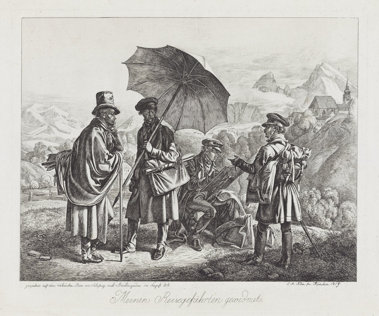 Taiteilijat matkallaan, pubi. 1819 tekijältä Johann Adam Klein