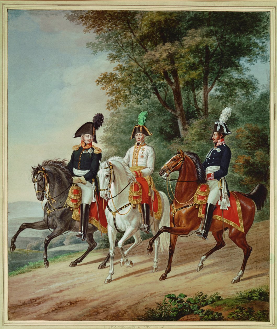 Kolme hallitsijaa ratsastamassa: Tsaari Aleksanteri I, kuningas Friedrich Vilhelm III. tekijältä Johann Adam & Mansfeld Johann Georg (1764 1817) Klein