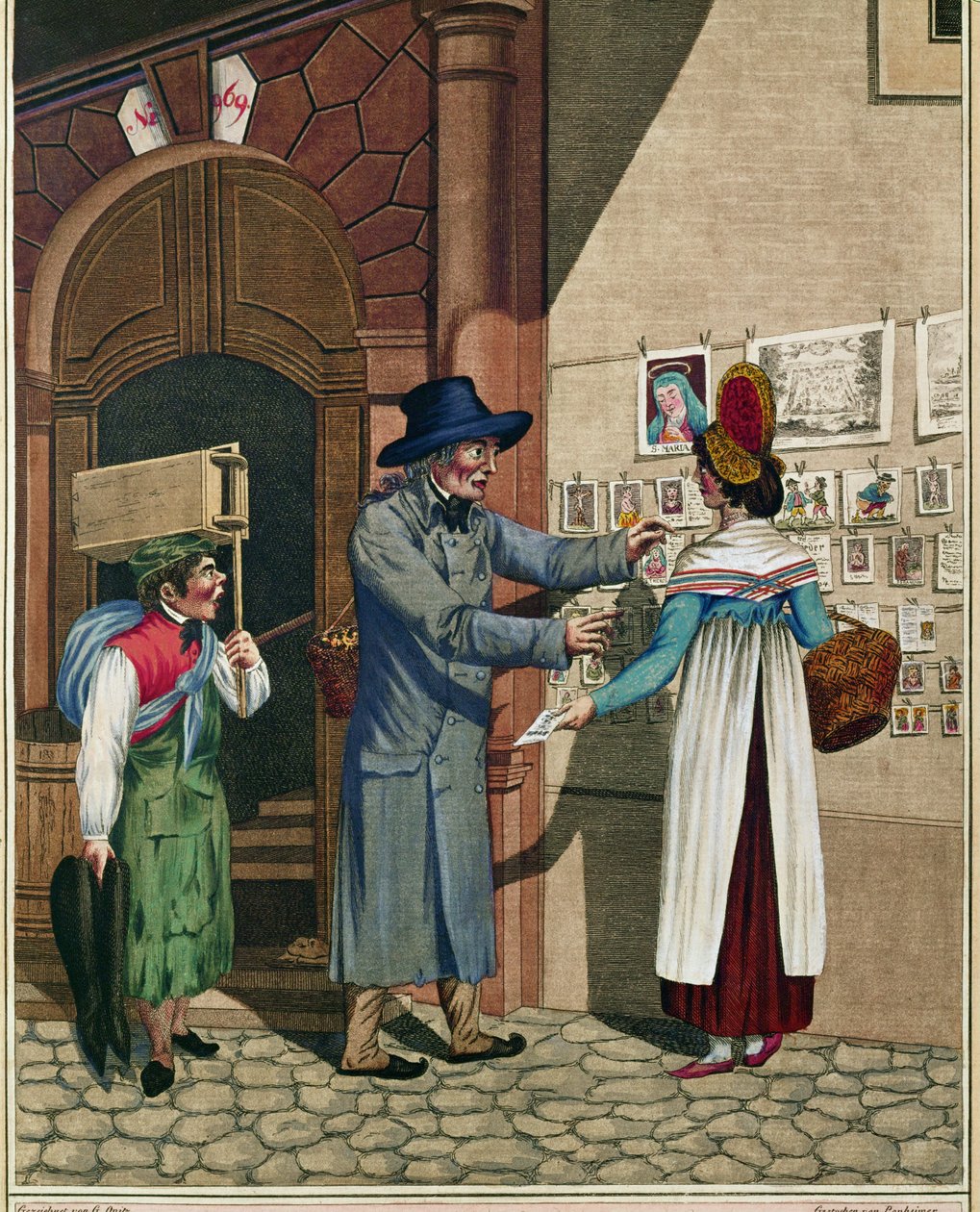 Suosittujen balladien ja painokirjoitusten kauppias, suutarin oppipoika, sarjasta Viennese Types noin 1810 ... tekijältä Johann Adolph Opitz