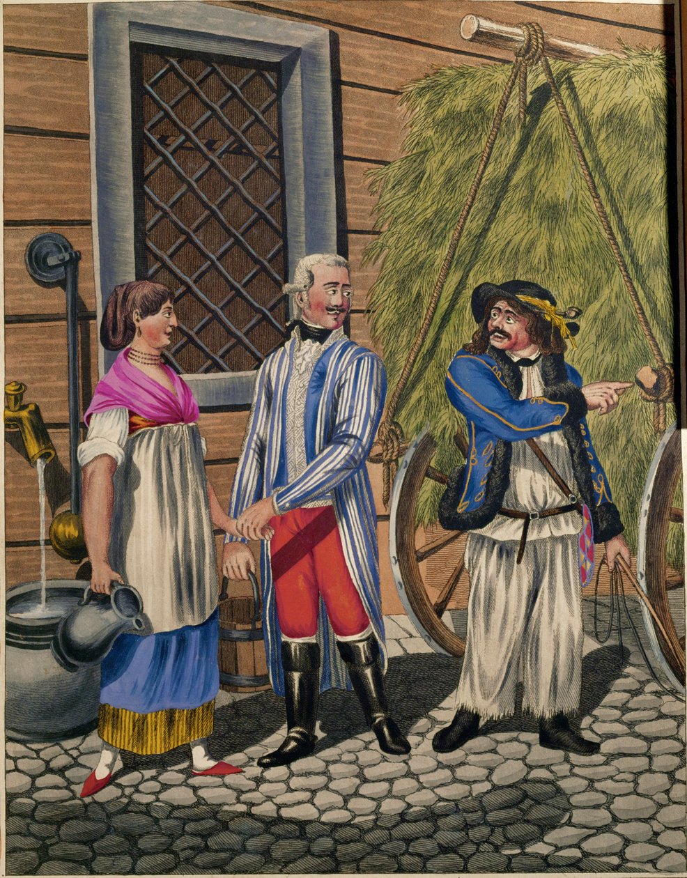 Herrasmiehen, palvelustytön ja heinänmyyjän vaununkuljettaja, sarjasta Viennese Types ... tekijältä Johann Adolph Opitz