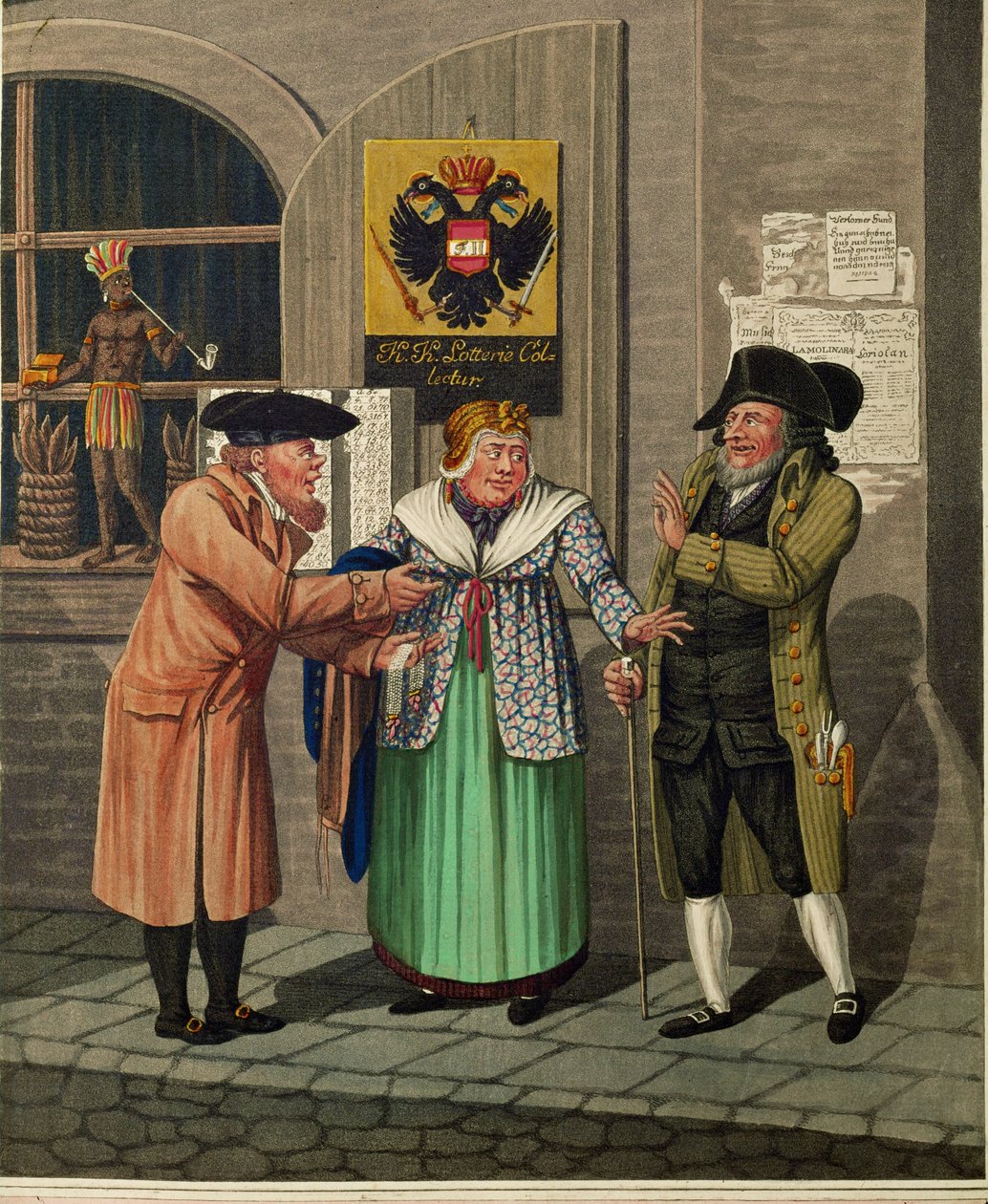 Kolme Wienin juutalaista valtion arpajaisviraston ja tupakkakaupan edessä ... tekijältä Johann Adolph Opitz