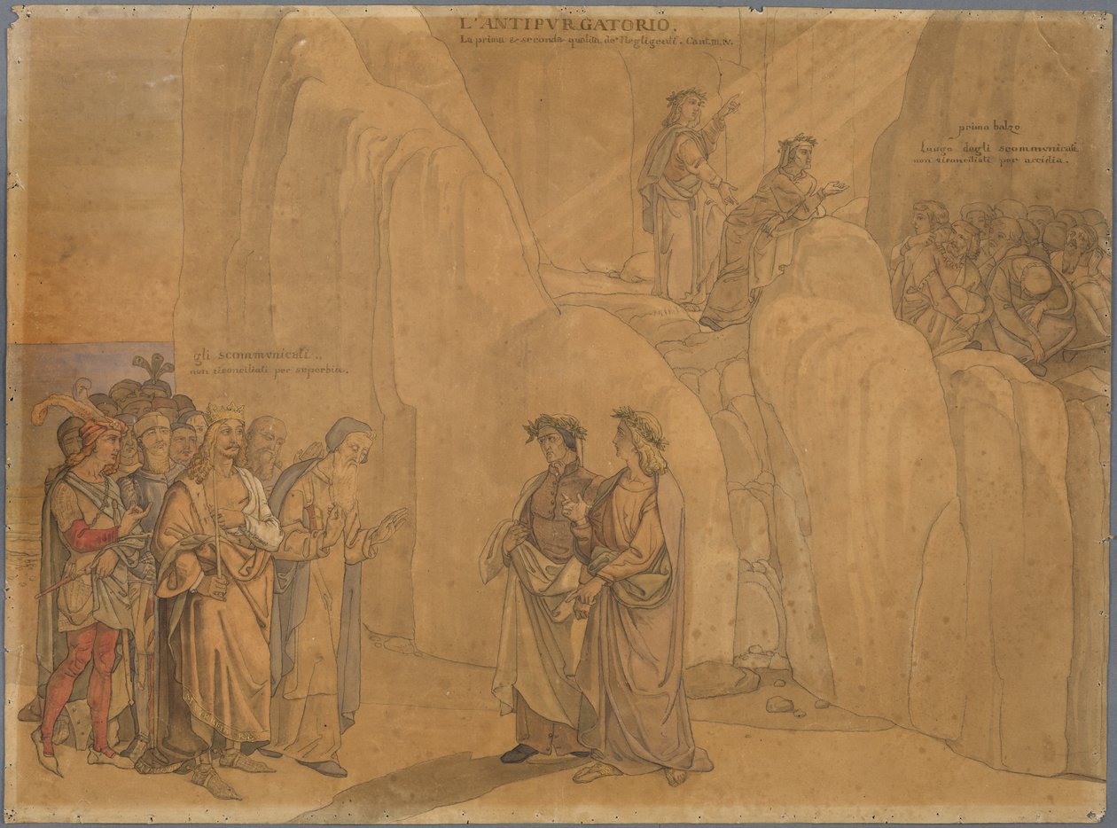 Dante trifft Manfred, den ehemaligen König von Apulien und Sizilien, an einer Felswand, der sich ihm zu erkennen gibt und Verschiedenes mitteilt; oben auf dem Felsen sehen sie die kirchlich Verbannten Buße tun tekijältä Johann Anton Ramboux