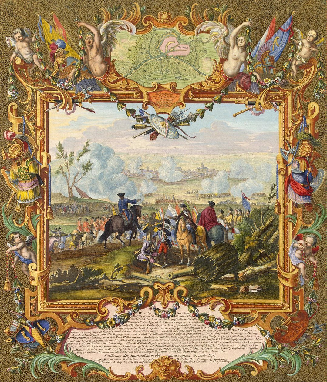 Liittoutuneiden joukot valtasivat Audenarden linnoituksen vuonna 1708, 1700-luvun alku. tekijältä Johann August Corvinus