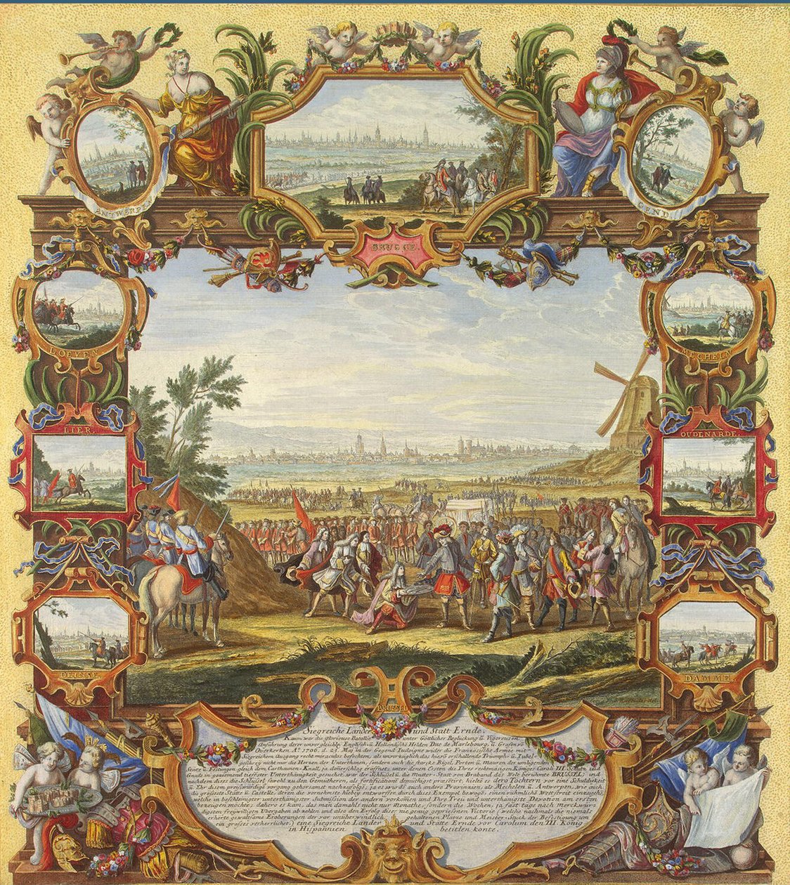 Liittoutuneiden joukot valtasivat ranskalaisen Meninin linnoituksen vuonna 1706, 1700-luvun alku. tekijältä Johann August Corvinus