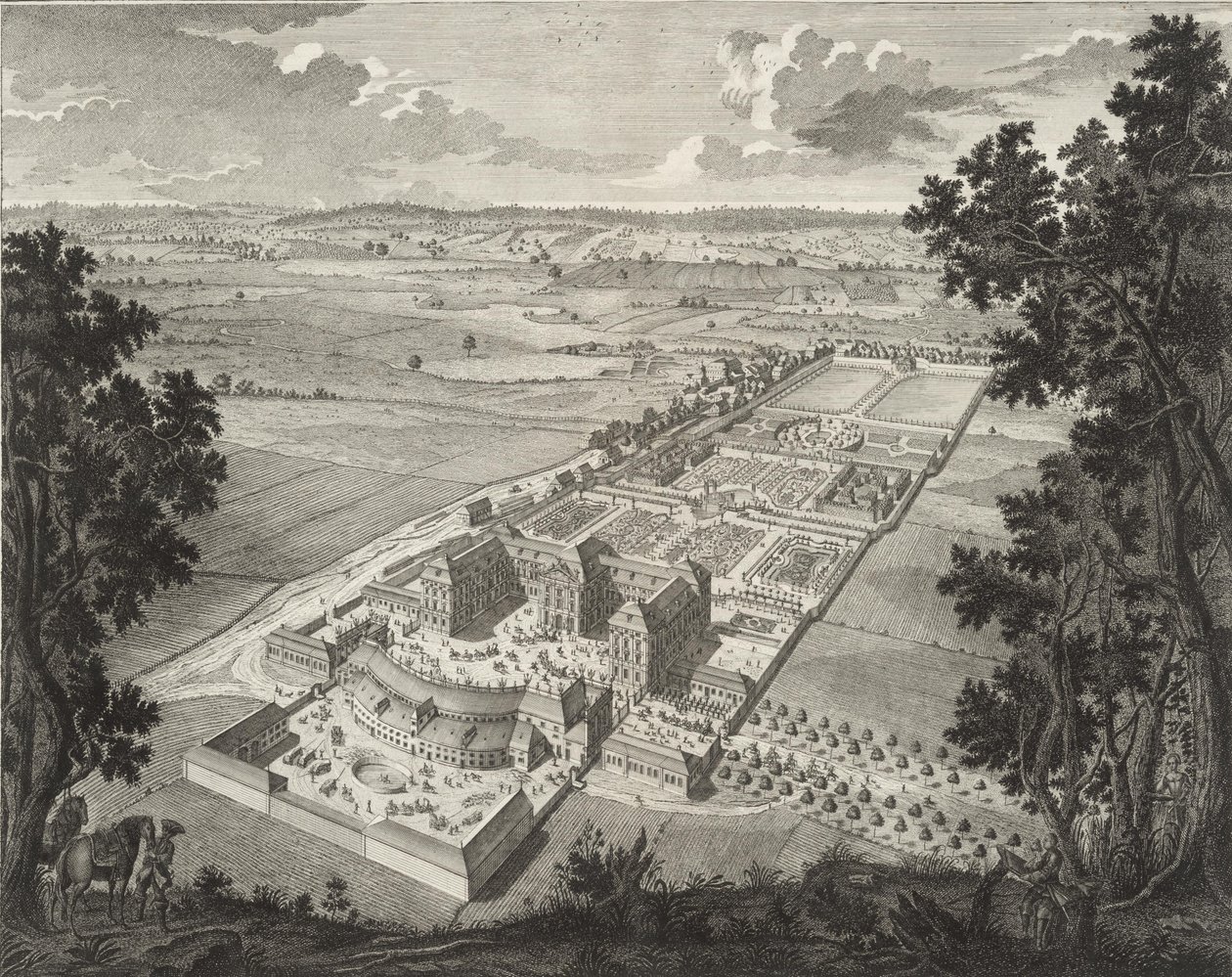 Perspektivische Vogelschau von der Menagerie auf Schloss Weißenstein kaupungissa Pommersfelden tekijältä Johann August Corvinus