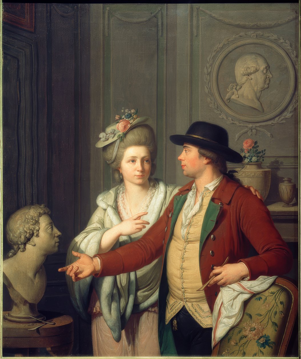 Samuel Nahl näyttää morsiamelleen veljensä rintakuvan tekijältä Johann August Nahl der Jüngere