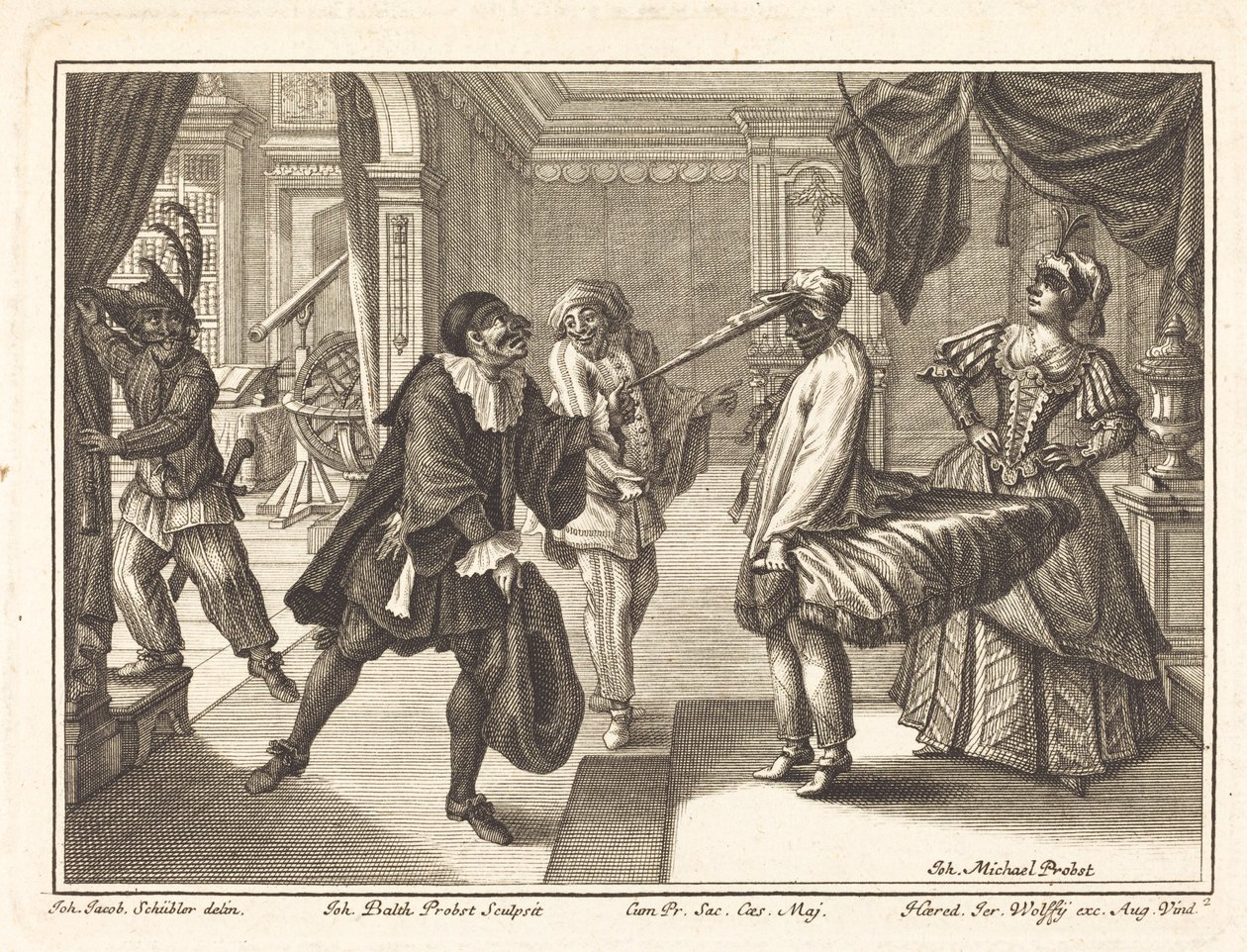 Harlekiini Dr. Polovardin talossa tekijältä Johann Balthasar Probst after Johann Jacob Schübler