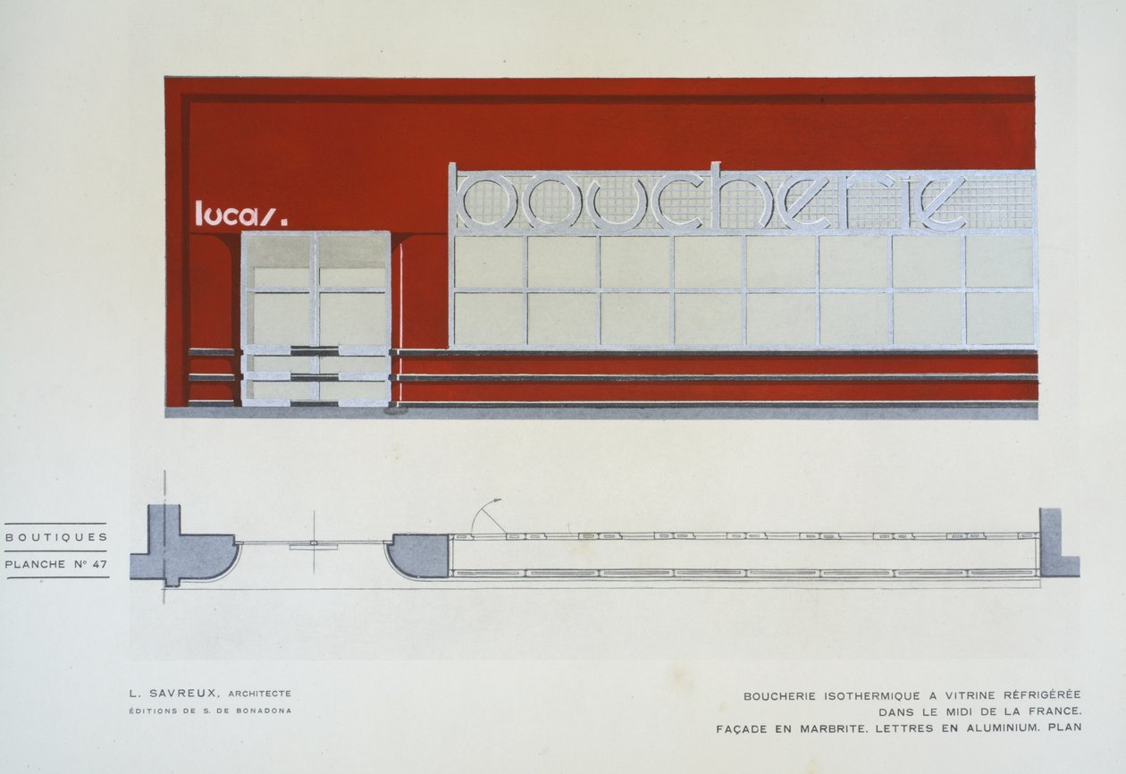 Boucherie Isothermique a Vitrine Refrigeree, L Savreux, Boutiques, Henry Delacroix, Editions S De Bonadona, Pariisi, 1920-luvun loppupuoli, sabluunapainatus tekijältä Johann Baptist Edler von Lampi