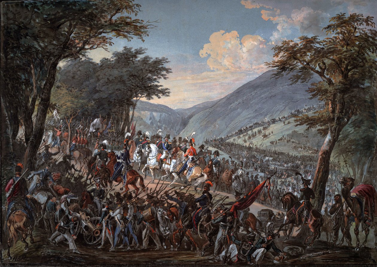 Keisari Aleksanteri I (1777-1825) ja hänen seurueensa kulkivat Vosges-vuorten läpi heinäkuussa 1815 - Hoechle, Johann Baptist (1754-1832) - 1825 - Vesiväri paperille - 70,9x99,7 - Yksityiskokoelma tekijältä Johann Baptist Hoechle