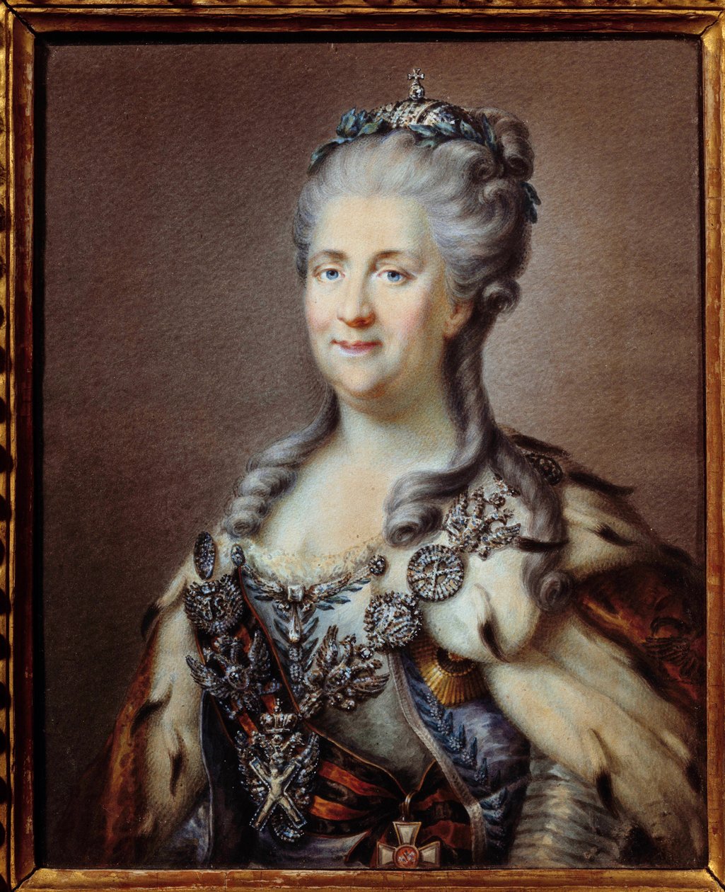 Katariina II:n (1729-1796) muotokuva Venäjän imperatricista Pyhän Andrein kaulakorulla ja Pyhän Yrjön nimettömän ristin nyörillä 1700-luvun akvarelli Johann Baptist von Lampin (1751-1830) Pariisin maalauksen mukaan, museo tekijältä Johann Baptist I (after) Lampi