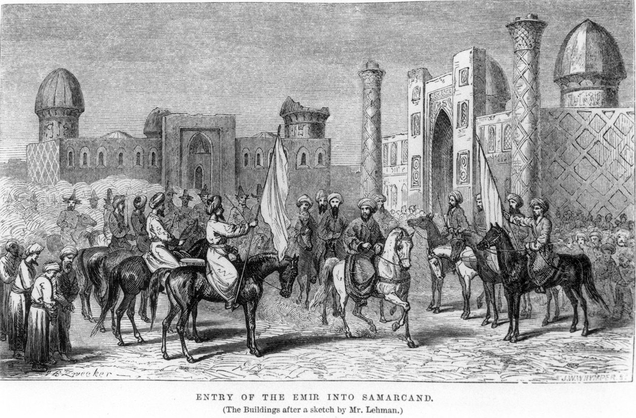 Emirin tulo Samarkandiin Arminius Vamberyn teoksesta "Travels in Keski-Aasia...in...1863", kaiverrus J.W.W. Hymper, julkaistu 1864 tekijältä Johann Baptist Zweecker