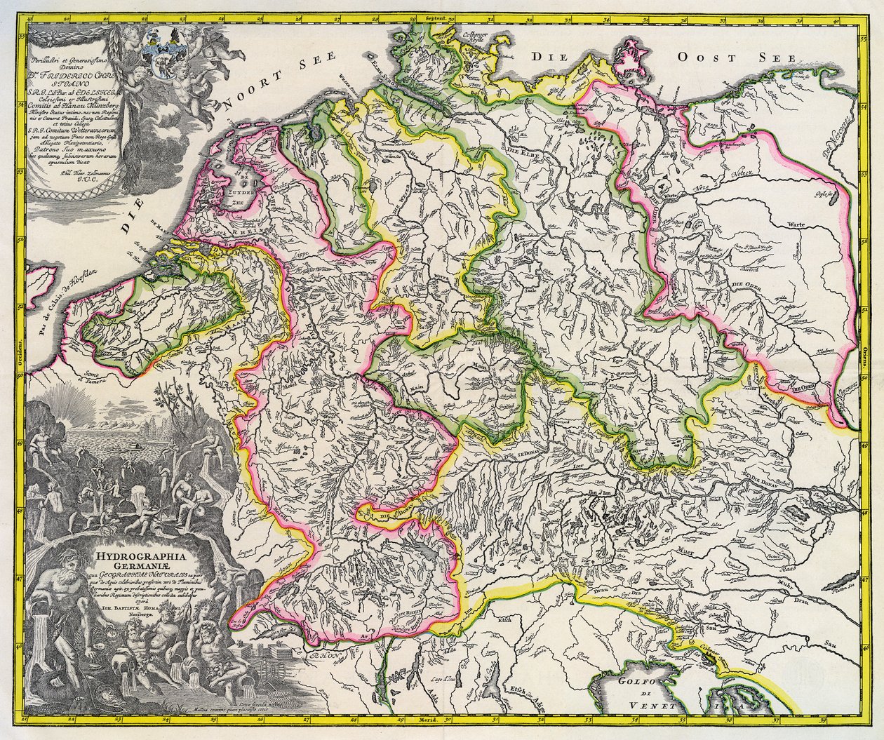 Saksan hydrografinen kartta, noin 1720 (kaiverrus) tekijältä Johann Baptista Homann