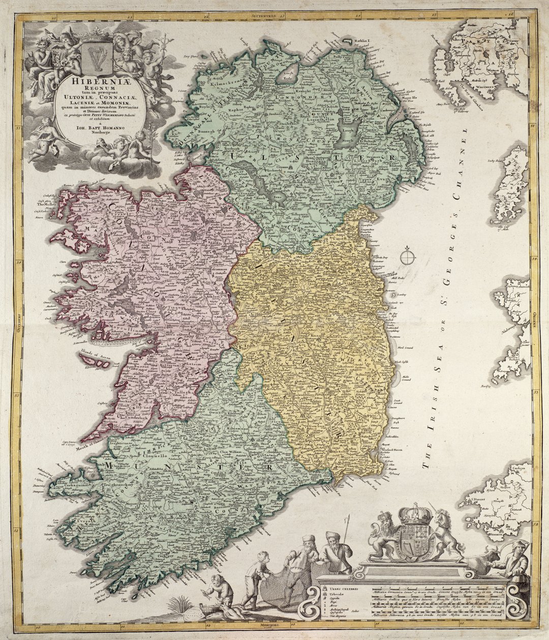 Irlannin kartta, jossa näkyvät Ulsterin, Munsterin, Connaughtin ja Leinsterin maakunnat, kirjoittanut Johann B. Homann, n. 1730 (käsinvärinen kaiverrus) tekijältä Johann Baptista Homann