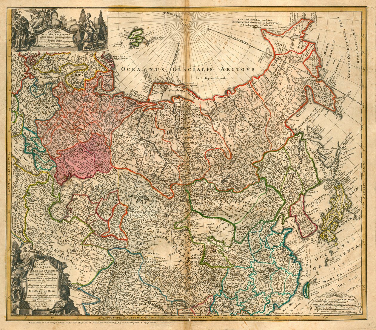 Venäjän kartta (Lähettäjä: Imperii Russici et Tartariae universae so majoris et Asiaticae qua miniris et Europaeae tabula) - Homann, Johann Baptist (1663-1724) - 1738 - Kuparikaiverrus, akvarelli - Yksityiskokoelma tekijältä Johann Baptista Homann