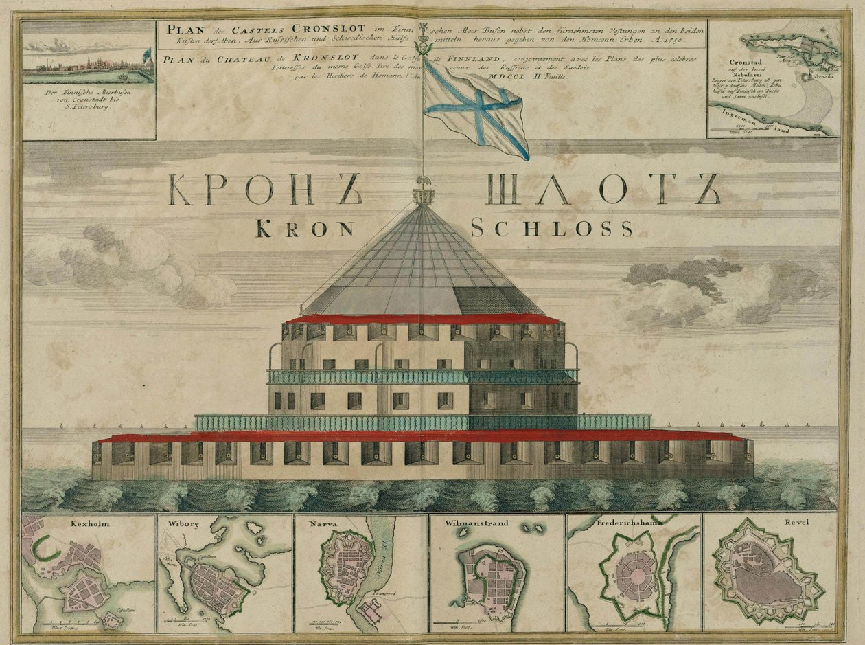 Kronstadtin linnoituksen suunnitelma, 1750 tekijältä Johann Baptista Homann