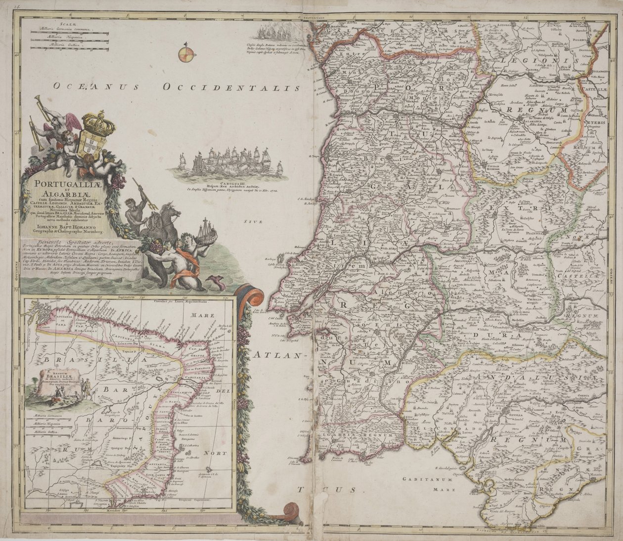 Portugali ja Algarve (Portugallia et Algarbiae), n. 1704 (käsinvärinen etsaus) tekijältä Johann Baptista Homann