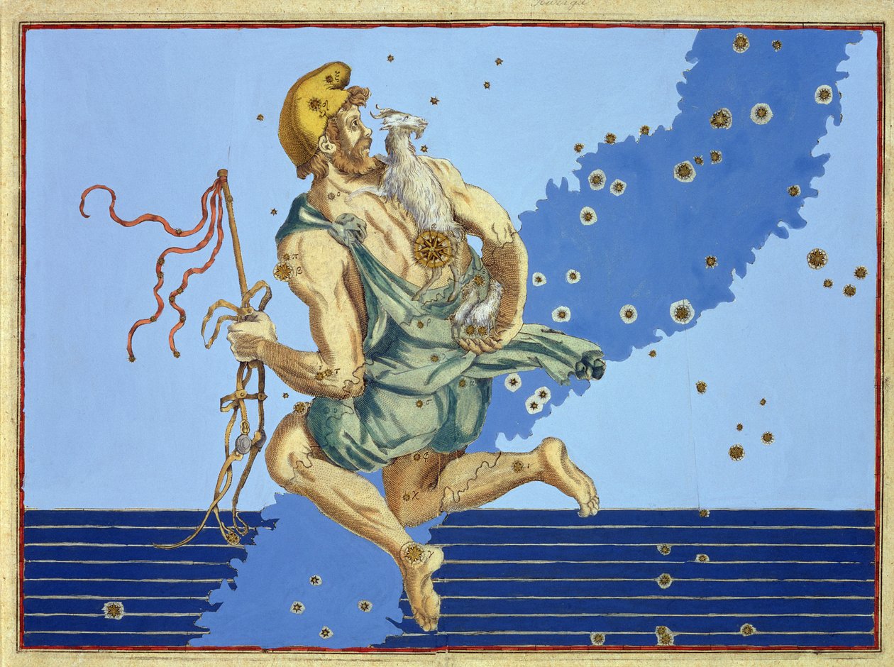 Auriga, pohjoisen pallonpuoliskon tähdistö, Johann Bayerin Uranometriasta, kaivertanut Alexander Mair (1559-c.1616) 1603 (käsinvärinen kuparikaiverrus) tekijältä Johann Bayer