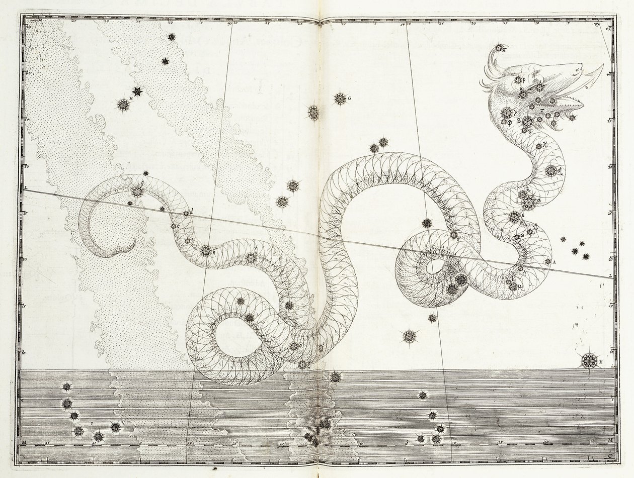 Käärmeen pään ja käärmeen hännän tähdistö, n. 1603 tekijältä Johann Bayer