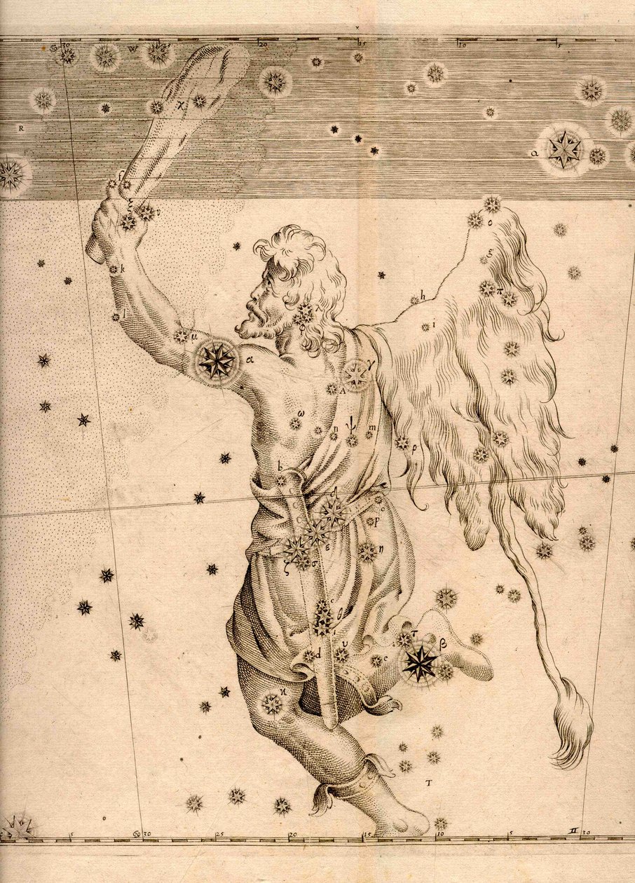Uranometria (1661), jossa näkyy Orionin tähdistö tekijältä Johann Bayer