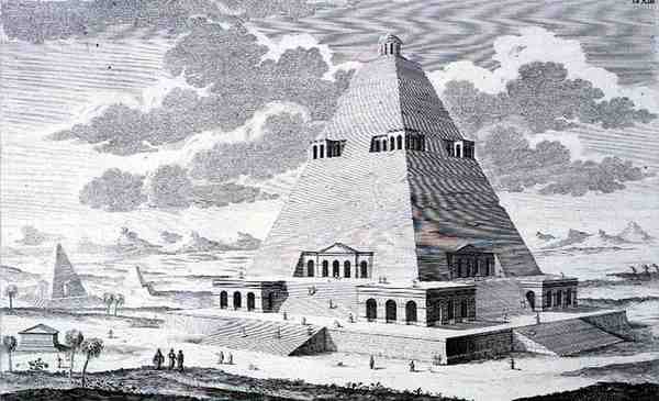 Pyramidi Theban ulkopuolella Egyptissä, "Historiallisen arkkitehtuurin suunnittelu" tekijältä Johann Bernhard (after) Fischer von Erlach