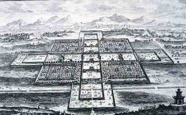 Perspektiivinäkymä keisarilliseen palatsiin, Peking, Kiina, "Historiallisen arkkitehtuurin suunnitelmasta", kaiverrettu Johann Adam Delsenbach (1687-1765) 1721 (kaiverrus) tekijältä Johann Bernhard (after) Fischer von Erlach