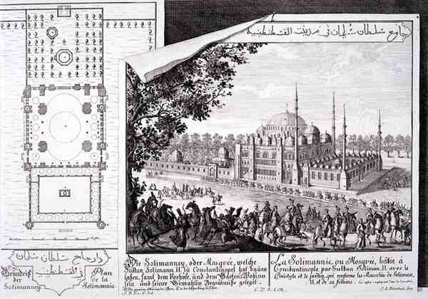 Suunnitelma ja näkymä Süleymaniye-moskeijasta Istanbulissa, "Historiallisen arkkitehtuurin suunnittelu", kaiverrettu Johann Adam Delsenbach tekijältä Johann Bernhard (after) Fischer von Erlach