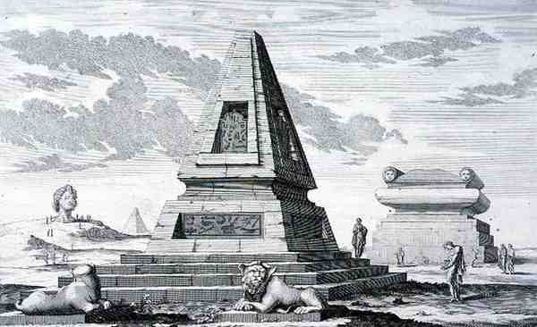 Pyramidit, jotka merkitsevät Egyptin kuningas Sotisin hautaa, löydetty Heliopoliksen raunioista. julkaisusta "Entwurf einer historischen Architektur" tekijältä Johann Bernhard (after) Fischer von Erlach