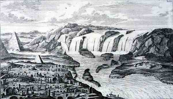 Niilin kaihi ja Theban rauniot, Egypti, Entwurf einer historischen Architekturista, kaiverrus Johann Adam Delsenbach (1687-1765) 1721 (kaiverrus) tekijältä Johann Bernhard (after) Fischer von Erlach