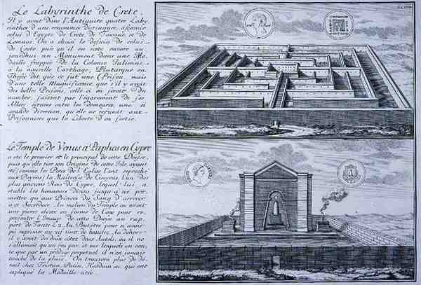 Labyrintti Kreetalla ja Venuksen temppeli Paphosella Kyproksella, kumpikin on otettu Entwurf einer historischen Architekturin muinaisen roomalaisen kolikon kuvista. tekijältä Johann Bernhard (after) Fischer von Erlach