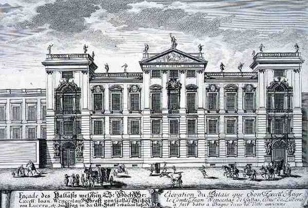 Kreivi Johannes Venceslauksen palatsi, Praha, Entwurf einer historischen Architekturista, kaiverrus Johann Adam Delsenbach (1687-1765) 1721 (kaiverrus) tekijältä Johann Bernhard (after) Fischer von Erlach