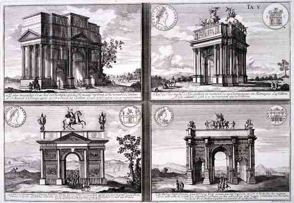 Catulun ja Mariuksen riemukaari Orangessa, Domitianuksen kaari, Drusuksen kaari ja Septimus Severuksen kaari, Entwurf einer historischen Architekturista, kaiverrus Johann Adam Delsenbach (1687-1765) tekijältä Johann Bernhard (after) Fischer von Erlach