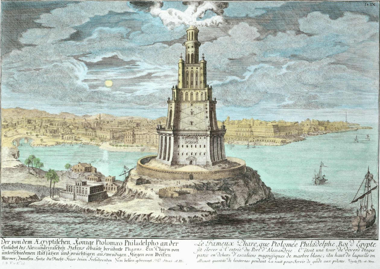 Majakka Aleksandriassa, jonka rakensi Ptolemaios Suuri (36-30 eKr.), Egypti, Entwurf einer historischen Architekturista, kaiverrus Johann Adam Delsenbach (1687-1765) 1721 (myöhempi väri tekijältä Johann Bernhard Fischer von Erlach
