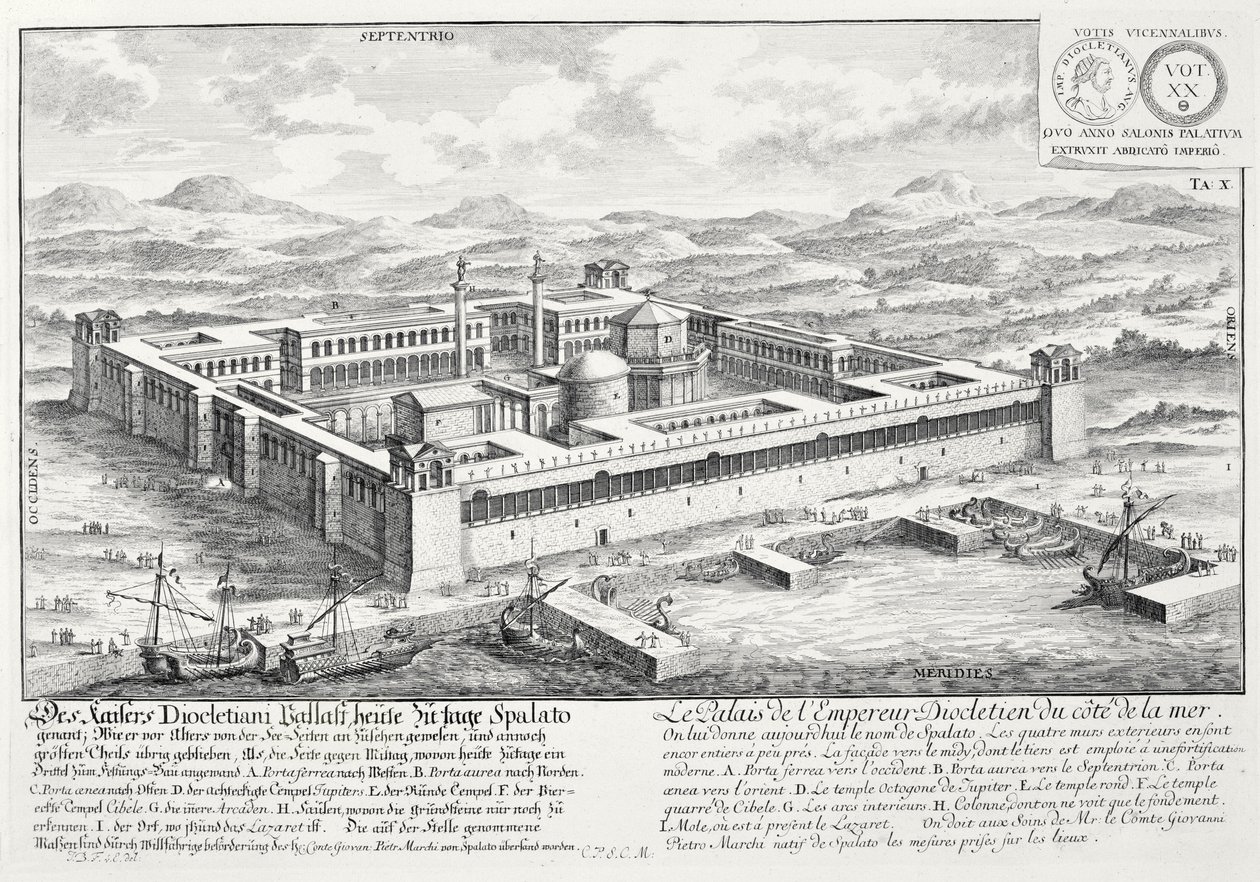 Diocletianuksen palatsi (245-313), Split, Jugoslavia, teoksesta "Historiallisen arkkitehtuurin suunnittelu", 1721 tekijältä Johann Bernhard Fischer von Erlach