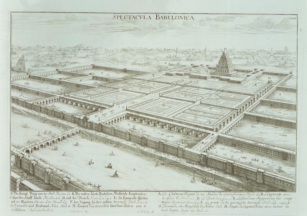 Panoraamanäkymä Babylonin kuninkaalliseen palatsiin ja riippuviin puutarhoihin, Entwurf einer historischen Architektur, 1721 tekijältä Johann Bernhard Fischer von Erlach