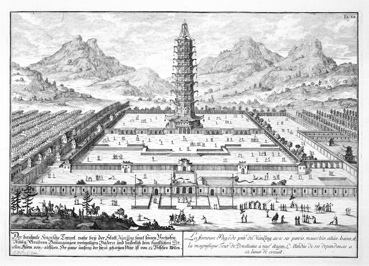 Nankingin posliinitorni, levy 12 teoksesta "Historiallisen arkkitehtuurin suunnittelu", kaiverrus Johann Adam Delsenbach (1687-1765) 1721 tekijältä Johann Bernhard Fischer von Erlach