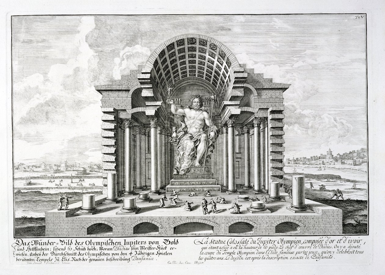 Phidiaksen Olympolaisen Zeuksen patsas, levy 5 teoksesta "Historiallisen arkkitehtuurin suunnittelu", kaiverrus Johann Adam Delsenbach (1687-1765) 1721 tekijältä Johann Bernhard Fischer von Erlach