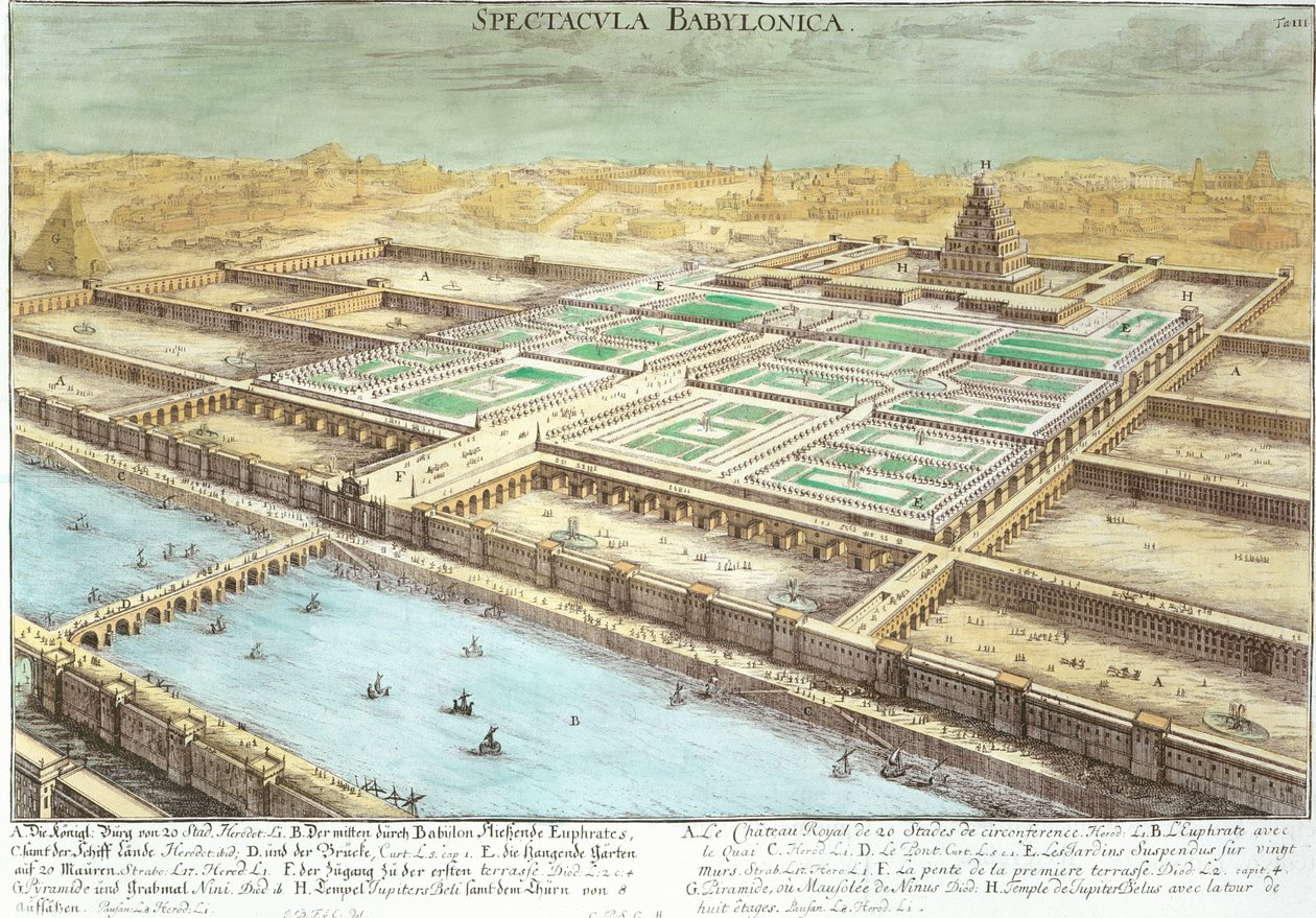 Näkymä muinaisesta Babylonista, jossa näkyvät riippuvat puutarhat ja Jupiter Beluksen temppeli, levy 3 Entwurf einer historischen Architekturista, kaiverrus Johann Adam Delsenbach (1687-1765) 1721 (kaiverrus) tekijältä Johann Bernhard Fischer von Erlach
