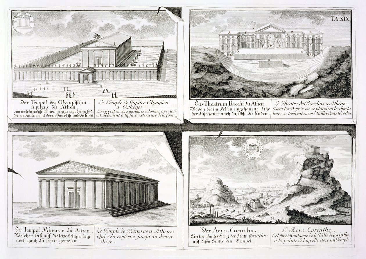 Näkymät neljälle klassiselle rakennukselle: Olympolaisen Zeuksen temppeli, Dionysoksen teatteri Ateenassa, Ateenan temppeli Ateenassa ja temppeli Korintissa, Entwurf einer historischen Architekturilta, tekijältä Johann Bernhard Fischer von Erlach