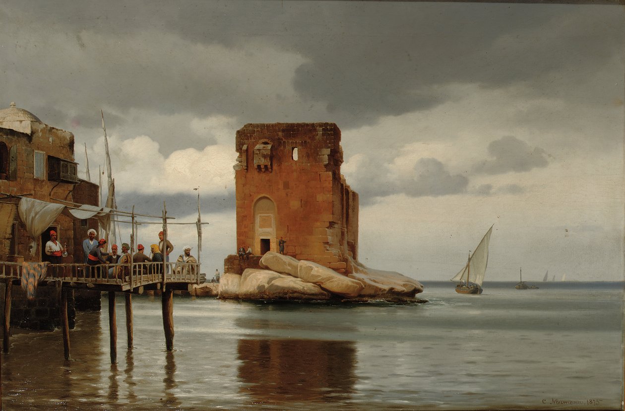 Ved toldboden i Beyrouth. Kohtaus satamasta, jossa on maksullinen satama, Beirut tekijältä Johann Carl Neumann