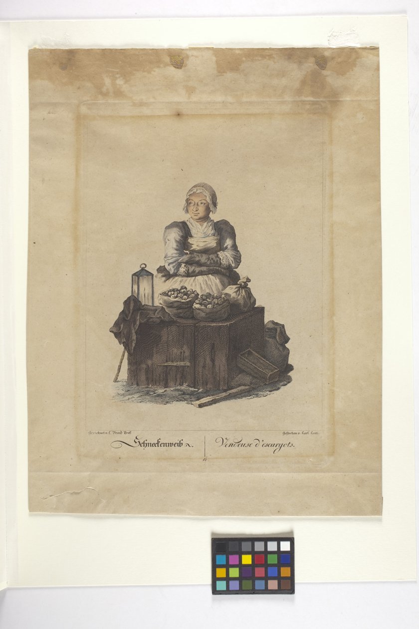 Schneckenweib Or Vendeuse Des Escargots (Etanen myyjä) (käsinvärinen etsaus) tekijältä Johann Christian (after) Brand