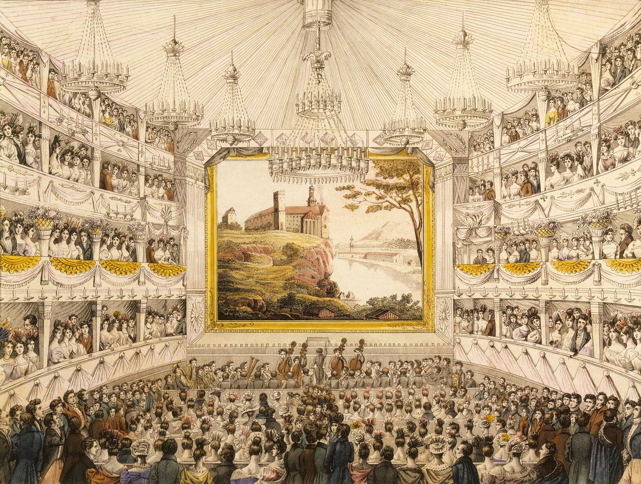 Itävalta, Wien, Theater an der Wienin (Wienin teatteri) sisustus, J.C. Schoellerin vesivärivedos tekijältä Johann Christian (after) Schoeller