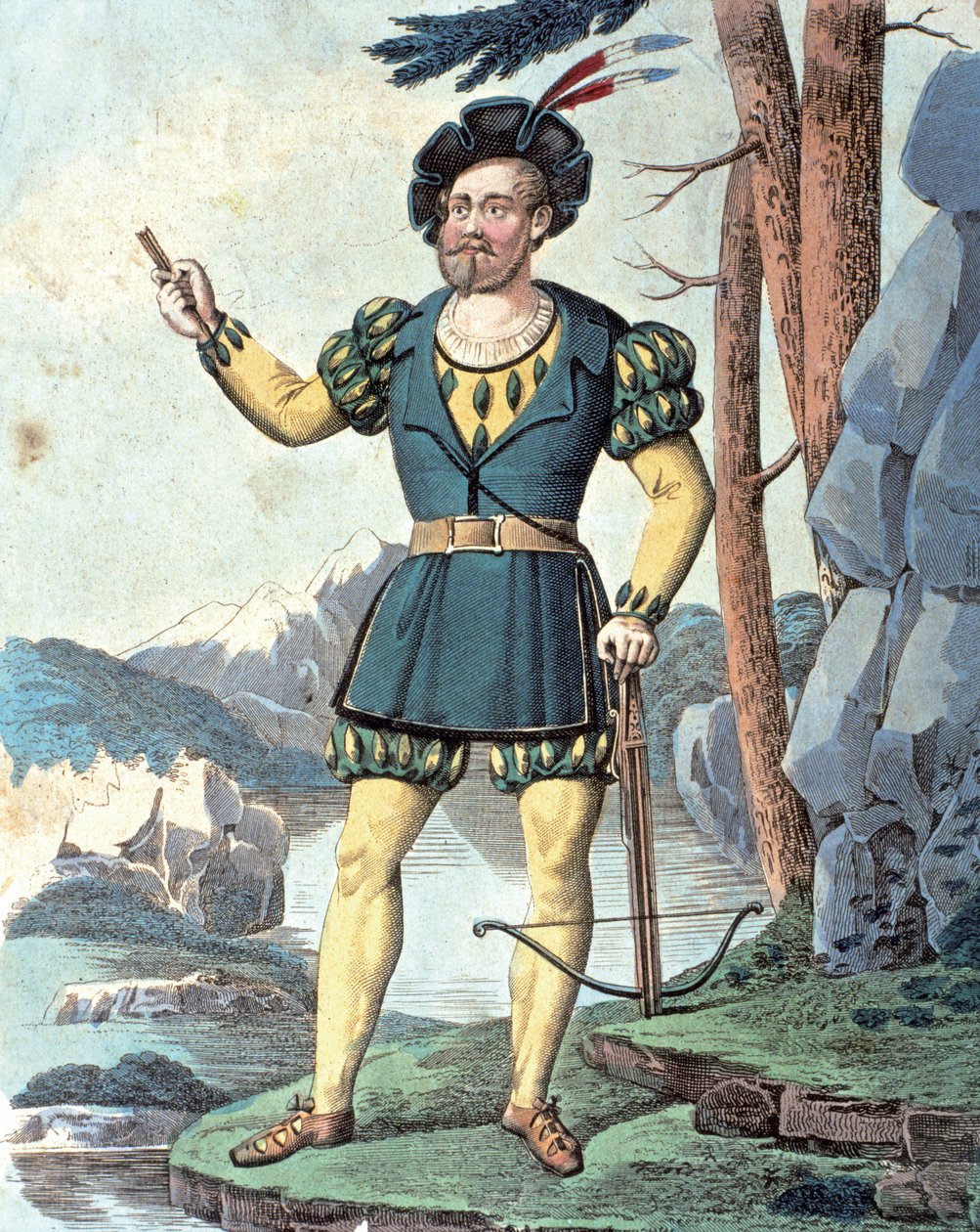 Franz von Schober kuin William Tell . 1837 (värikaiverrus) tekijältä Johann Christian (after) Schoeller