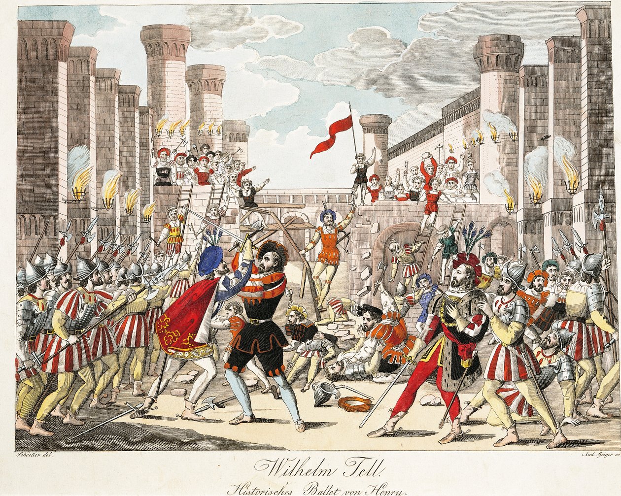 Historiallinen Henryn baletti, kohtaus Gioachino Rossinin "William Tell" -teoksesta, kaiverrus Geiger (värinen kaiverrus) tekijältä Johann Christian (after) Schoeller