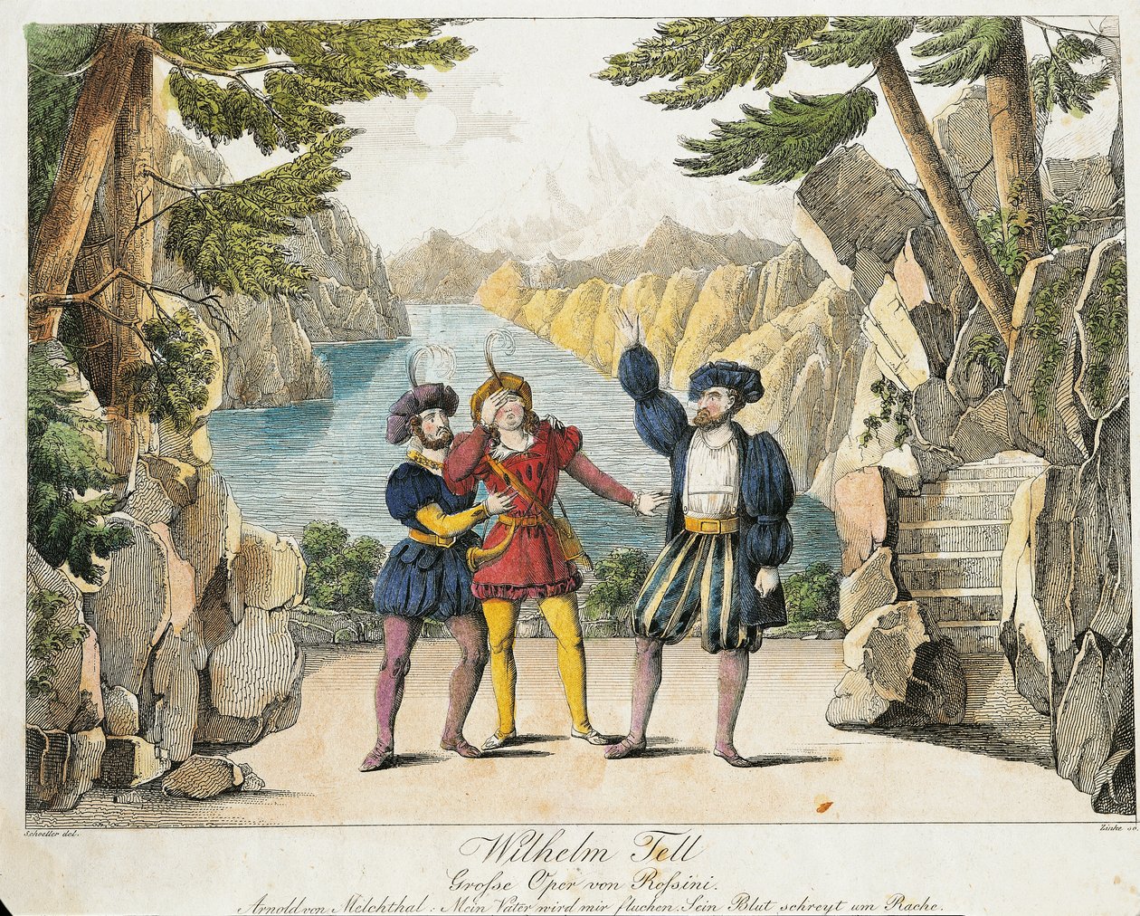 Kohtaus Gioachino Rossinin teoksesta "William Tell", kaiverrus Zincke (värikaiverrus) tekijältä Johann Christian (after) Schoeller