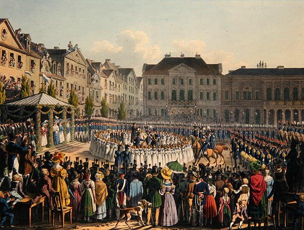 Kasselin kansalaiskaartin lipun pyhitysseremonia vuonna 1831 (värinen lito) tekijältä Johann Christian Arnold